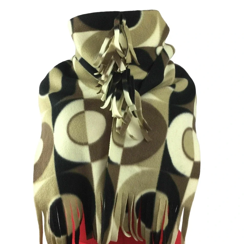 Circles Geometric Design Olive Black Fringed Fleece Winter Scarf